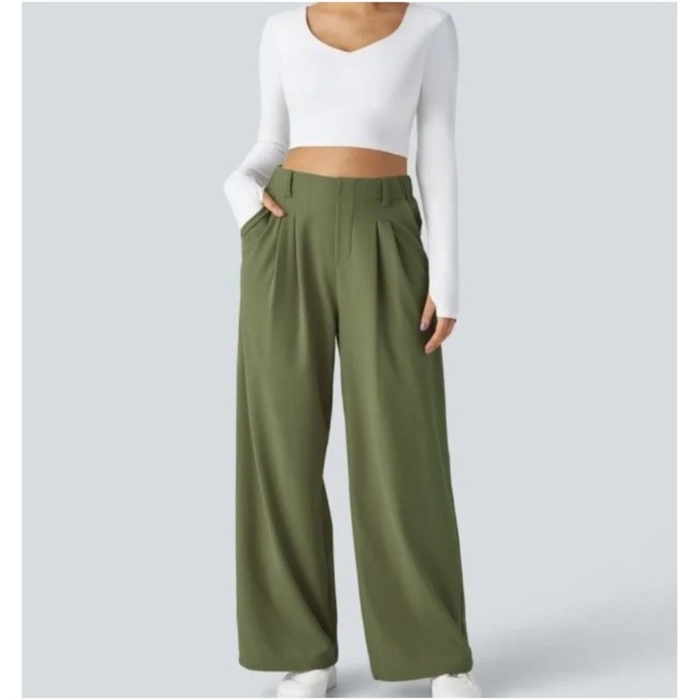 Halara Pleated Wide Leg Flare Pants Womens L Tall Olive Green High Rise Office